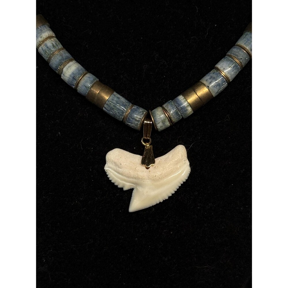 Blue Coral Shark Tooth Heishi Bead Necklace